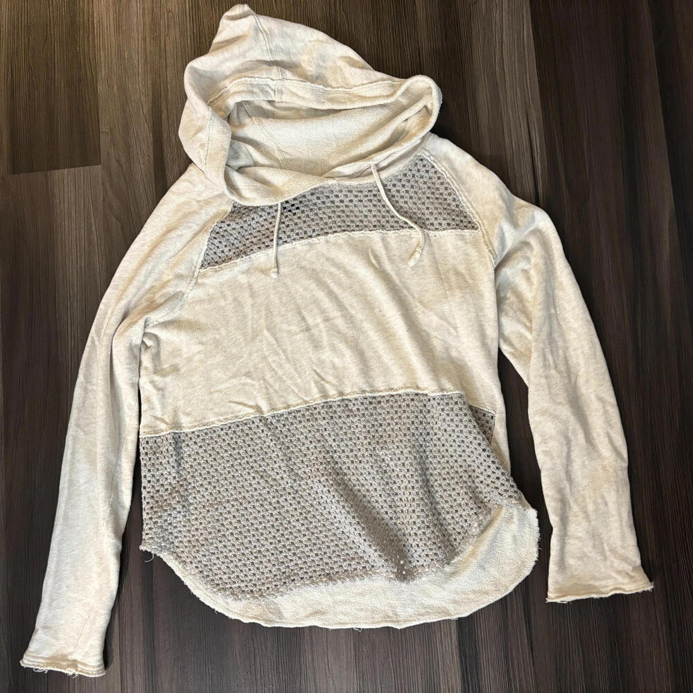 We The Free Pullover Sweater Size Medium Beige Gray Hooded Open Knit